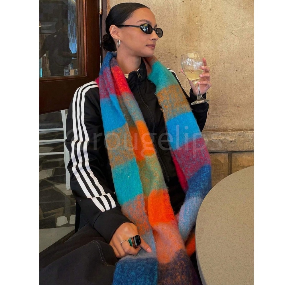 Plaid Multicolor Wide Shawl Scarf With Tassels Fuzzy Knit - Picture 2 of 8